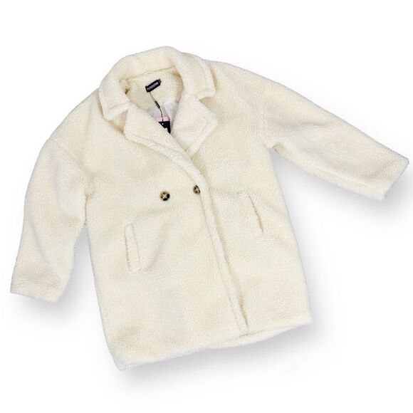 Pretty Little Thing Faux Sherpa Double Breasted Teddy Coat Cream 10 Borg Lapel - Picture 16 of 16